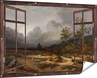 Gards Tuinposter Doorkijk Landschap bij Naderend Onweer - Willem Roelofs - 150x100 cm - Tuindoek - Tuindecoratie - Wanddecoratie buiten - Tuinschilderij