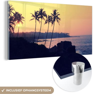 MuchoWow® Glasschilderij 40x20 cm - Schilderij acrylglas - Zee - Palmboom - Avond - Landschap - Foto op glas - Schilderijen