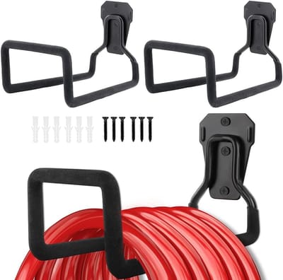 Slanghouder voor aan de muur, 2 stuks, tuinslanghouders, 19,6 x 12,5 cm, metalen slanghangers voor slangophanging, met 6 schroeven en 6 expansiebouten (zwart)