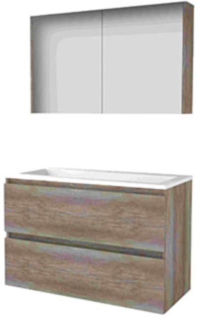 Basic-Line Comfort 46 Badkamermeubelset - 100 x 46 cm - Greeploos - 2 Lades - Acryl Wastafel - 1 Kraangat - Spiegelkast - Scotch Oak