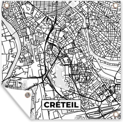 Tuin poster Stadskaart - Frankrijk - Créteil - Kaart - Plattegrond - Zwart wit - 200x200 cm - Tuindoek