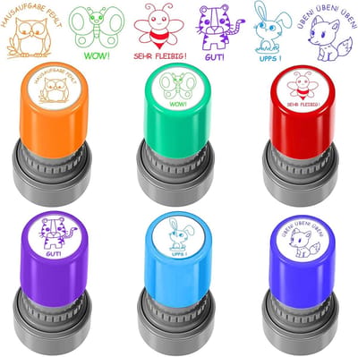 6 Stuks Zelfinktende Stempels voor Leraren – Belonings- & Motivatiestempels met Leuke Cartoon Designs – Perfect voor Huiswerk & Klassenactiviteiten