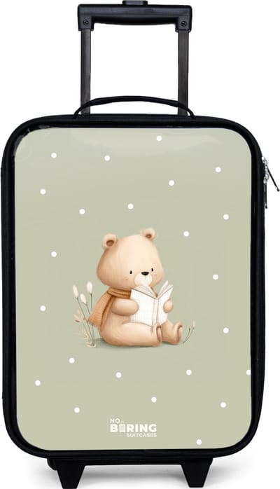NoBoringSuitcases.com® - Kinderkoffer jongen - Kindertrolley meisje - Een bruine beer die een boek leest - Groen - Koffer kind lichtgewicht - Reiskoffer trolley voor kinderen - Koffertje met lichtgevende wieltjes - Rolkoffer zwart