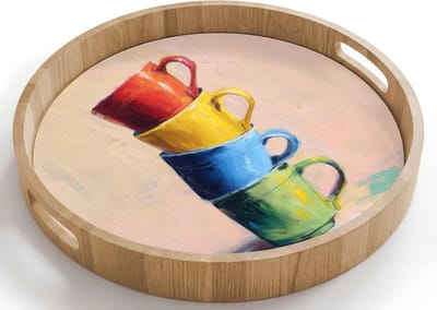 Dienblad rond 40x40 cm - Schootdienblad hout - Mokken - Gestapeld - Keramiek - Kleurrijk - Borrelplank rechthoek - Plateau houten dienbladen