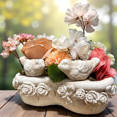 Seta Fiori - Kunstbloemen - Uniek hartvormig bloemstuk – met vogeltjes -