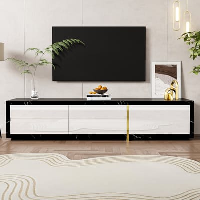 Wishdor - Tv-Meubel Met Variabele Lengte En Draaifunctie - Zwart Marmerlook En Wit Hoogglans Mat - Gouden Details - 140-260 Cm