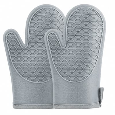 Ovenwanten - Siliconen ovenwanten - hittebestendige 2-delige ovenwantenset - zachte katoenen voering - waterdicht en antislip - keukenhandschoenenset voor grillen - bakken en koken, 30,5 x 14 cm - grijs
