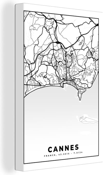 Canvas Schilderij Kaart - Plattegrond - Cannes - Frankrijk - Stadskaart - Zwart wit - 20x30 cm - Wanddecoratie