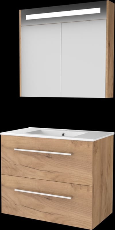 Basic Premium 46 badmeubelset met spiegelkast met geïntegreerde LED verlichting, wastafelonderkast met grepen, 2 lades en porseleinen wastafel met 1