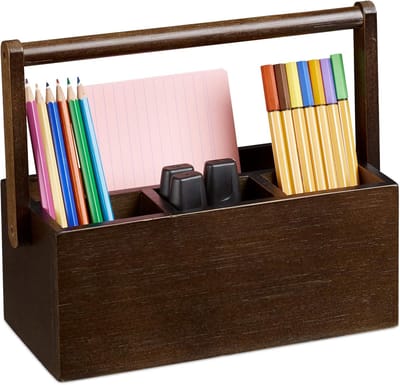 Famanu – Bamboe pennenbakje met handgreep – 4 vakjes – bureau organizer (25 cm breed) – donkerbruin