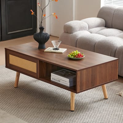 Pugsdrly Gevlochten salontafel, theetafel met schuifdeuren, poten van massief hout, moderne salontafel, donker walnotenhout - H40/B1050/T55 cm