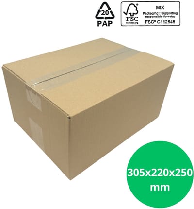 Verzenddoos 305x220x250mm (A4 formaat) – Enkelgolf bruin - bundel 25 stuks - FSC Keur