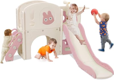 Kinderspeeltoestel met Klimrek, Glijbaan en Basketbalmand (Rood/Blauw)