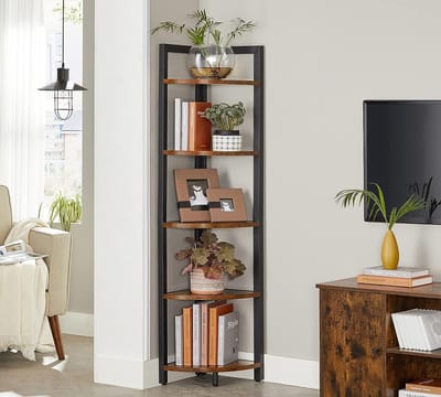 FurnStar - Hoekkast met 5 Niveaus - Hoekboekenkast - Veelzijdig Opbergmeubel - Plantenrek - Voor Woonkamer - Slaapkamer - Kantoor - Industrieel - 30x30x150 - Bruin/Zwart