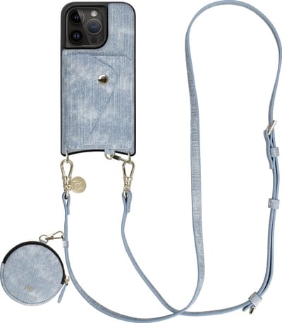 AVY Hoesje geschikt voor Apple iPhone 15 Pro | Met Koord, Wallet en Pouch | Compatibel met MagSafe | Kunstleren Case met 130CM Koord | Long Denim | Denim