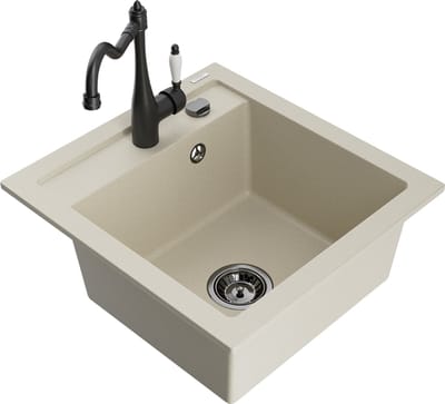 Mexen Vito granieten gootsteen 1-komor met keukenmengkraan Carla, beige - 6503-69-670700-70