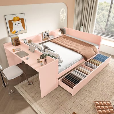 DESMIU Bed 140x200 cm – Met Bureau En 3 Planken – Geïntegreerd Werk- En Slaapontwerp Met 2 Opberglades – Voor Kleine Ruimtes – Zonder Matras – Roze