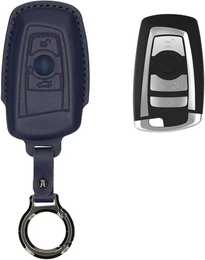 kwmobile leren autosleutel hoesje geschikt voor BMW 3-knops draadloze autosleutel (alleen Keyless Go) - Als sleutelhanger met sleutelring - Echt leer in donkerblauw