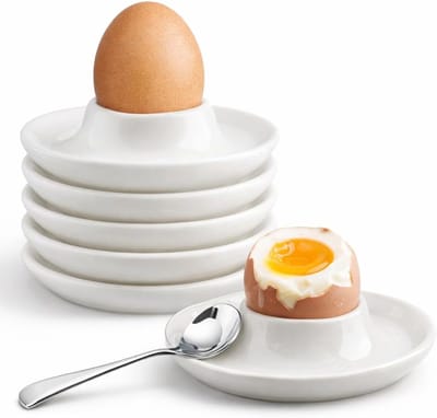 Eierdopjes porselein, wit, set van 6 eierdopjes, keramiek, stapelbaar, vaatwasmachinebestendig, hoogwaardige eierdopjes, rond, voor ontbijt, eettafel en camping