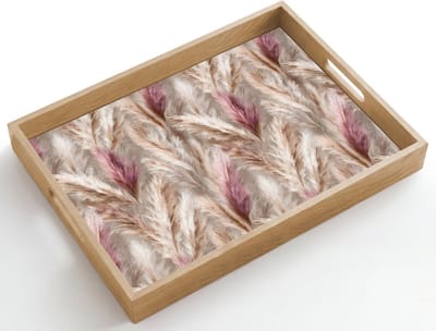Dienblad hout 50x35 cm - Schootdienblad - Pampasgras - Pluizig - Kleurrijk - Borrelplank rechthoek - Plateau dienbladen