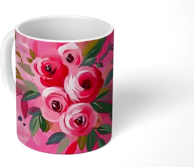 Mok - Koffiemok - Bloemen - Verf - Roze - Mokken - 350 ML - Beker - Koffiemokken - Theemok