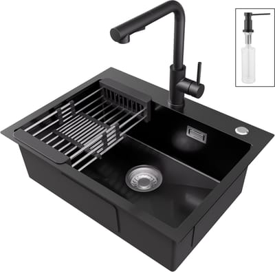 CECIPA max Spoelbak Keuken 60x45x18cm Anthracit - Met Uittrekbare Uitloop Keukenkraan Spoelbakken en Zeepdispenser - Gootsteen van roestvrij staal - Enkele spoelbak - Incl. Sifon en Afvoerzeefje