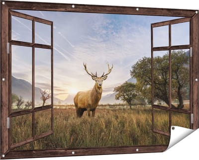 Gards Tuinposter Doorkijk Hert in het Landschap - 150x100 cm - Tuindoek - Tuindecoratie - Wanddecoratie buiten - Tuinschilderij
