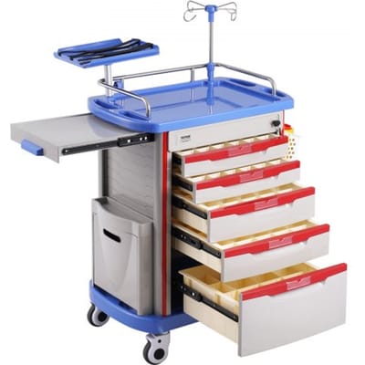 VEVOR 5-laags laboratoriumwagen, mobiele medische wagen van PP-materiaal, met 4 stille wielen en 5 lades, laboratoriumwagen, salonwagen voor laboratorium, kliniek, ziekenhuis, salon, blauw