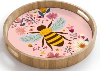 Dienblad rond 40x40 cm - Schootdienblad hout - Bij - Geel - Bloemen - Kleurrijk - Borrelplank rechthoek - Plateau houten dienbladen