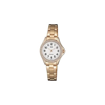 Q&Q C223J014Y - Horloge - Analoog - Vrouwen - Dames - Stalen band - Rond - Metaal - Cijfers - Rosékleurig - Wit - Briljanten