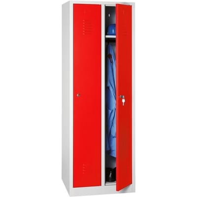 Garderobekast, 2 deuren, B 600 x H 1800 mm, cilinderslot, lichtgrijs/ vuurrood