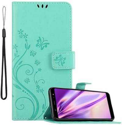 Cadorabo Hoesje geschikt voor Samsung Galaxy A6 PLUS 2018 in BLOEMEN TURKOOIS - Beschermhoes in bloemmotief met magnetische sluiting, standfunctie en kaartsleuven Book Case Cover Etui