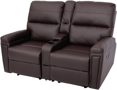 2-zits bioscoopfauteuil MCW-K17, relaxfauteuil TV fauteuil bank, Nosa vering bekerhouder compartiment ~ kunstleer bruin