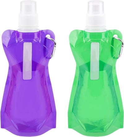 Set van 2 Opvouwbare Drinkflessen, Herbruikbare Flessen van 500 ml met Karabijnhaak voor Wandelen, Reizen en Avontuur (Paars en Groen)