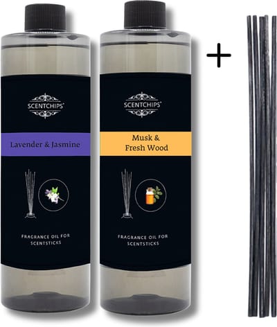 Navulling Lavendel Jasmijn + Musk Vers Hout - Geurstokjes Navulling Set van 2 + 5 Geurstokjes - Geurverspreider - Luchtverfrisser - Huisparfum - 400ml x 2
