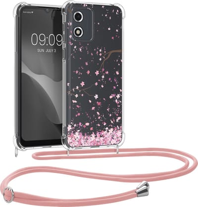 kwmobile telefoonhoesje geschikt voor Motorola Moto E13 - Hoesje met telefoonkoord - Back cover voor smartphone - Case in poederroze / donkerbruin / transparant