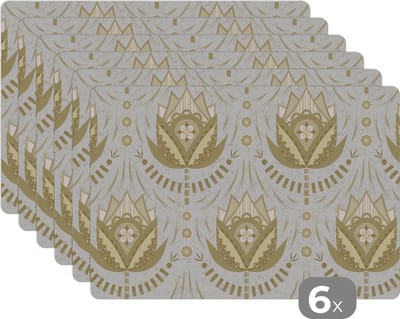 Placemat - Placemats kunststof - Bloemen - Goud - Patronen - 45x30 cm - 6 stuks - Hittebestendig - Anti-Slip - Onderlegger - Afneembaar