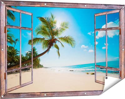 Gards Tuinposter Doorkijk Tropisch Strand en Zee in Sri Lanka - 120x80 cm - Tuindoek - Tuindecoratie - Wanddecoratie buiten - Tuinschilderij