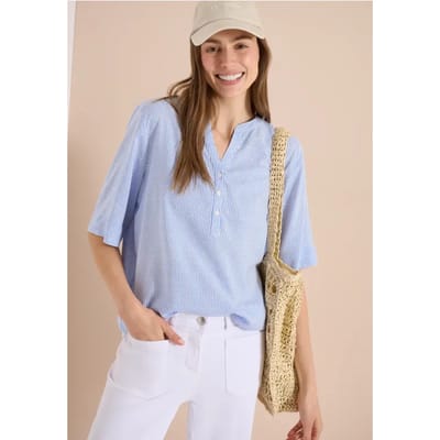 Blouse met korte mouwen, gespleten hals en strepen