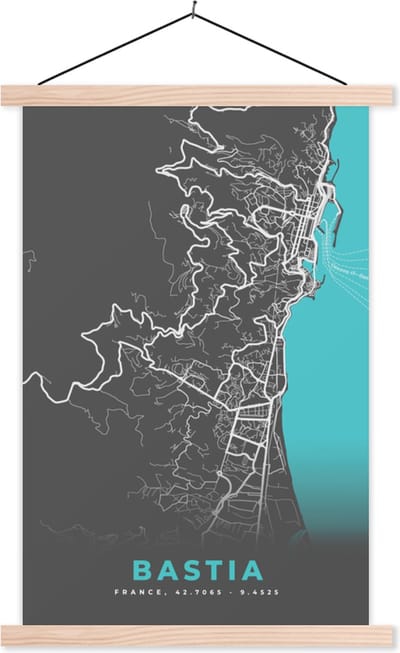 Posterhanger incl. Poster 40x60 cm - Schoolplaat - Kaart - Bastia - Plattegrond - Plattegrond - Stadskaart - Textielposter - Blanke latten - Stadskaart