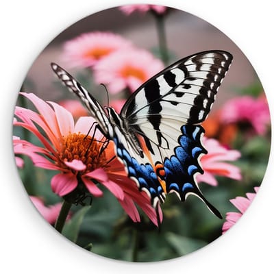 Saammp Muurcirkel Hout -Vlinder op roze bloem - Dieren - Ø 90 - Wandcirkel - Wanddecoratie Cirkel - muurdecoratie Woonkamer - Slaapkamer decoratie - Rond Schilderij