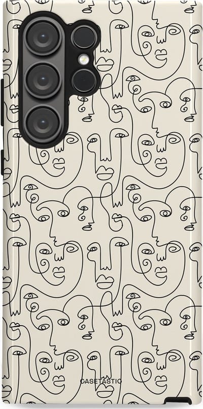 Casetastic hoesje geschikt voor Samsung Galaxy S23 Ultra - Dubbellaagse bescherming - Art Deco Creme Abstractie Lijntekening Gezichten - Fashion Case - Zilver Crème Wit