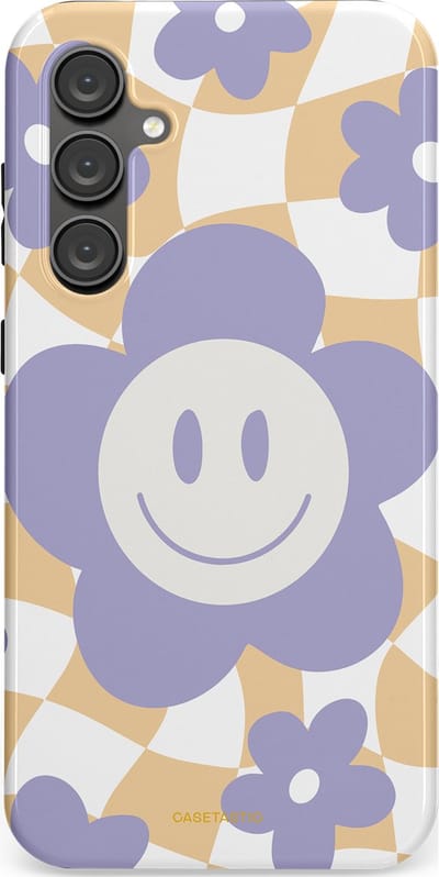 Casetastic hoesje geschikt voor Samsung Galaxy S23 FE - Dubbellaagse bescherming - Madeliefjes magie - Fashion Case - Lila Wit Zand Lichtgrijs