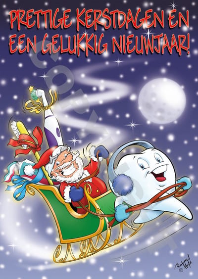 Tandarts KERSTKAART ansichtkaart - 25 stuks - Cartoon - Kerstman arrenslee kies - Orthodontist - Mondhygiënist