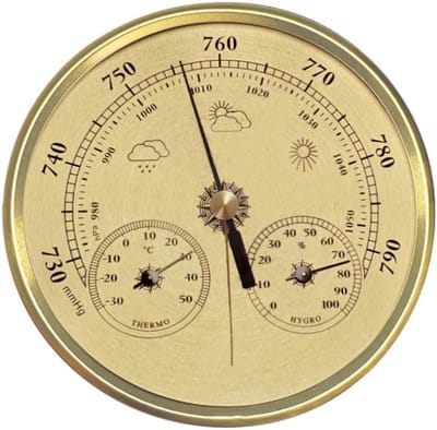 Weerstation Klok - Barometer Thermometer Hygrometer - Binnen Buiten Meten - Mechanisch Uurwerk Geen Batterijen - Diameter 13cm - Goudkleurig