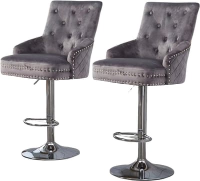 Barkrukken Opulence - Luxe Set van 2 - Met rugleuning - Grijs - Velvet - Verstelbaar - Voor Keuken, Bar of woonkamer - Draaibaar