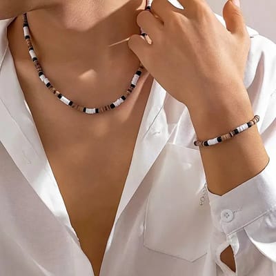 Helin life Klassieke ketting heren - Kettingen&armband set- Schakelketting&ketting heren-Kralen kettingen set -Cadeau voor Man -Bohemen-Houten kralen- 45+7cm-Mannen Cadeautjes