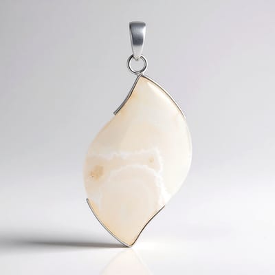 Cavill - 925 Sterling Zilveren Hanger - 33 ct Witte Agaat Fancy Cabochon - Rhodium Verzilverd - Elegant Bali Bladmotief Design - Natuurlijk Sieraad