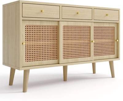 Dressoir Kast – met 3 Rattan Schuifdeuren en 3 Laden 120 cm – Eiken