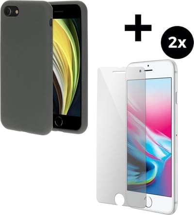 Mobiparts Silicone Cover hoesje geschikt voor Apple iPhone 7 met 2 Screenprotectors van Gehard Glas - Grijs